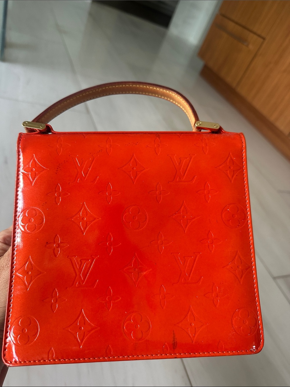 Louis Vuitton Orange-Red Spring Street Vernis Monogram Top Handle Satchel - Picture 4 of 7